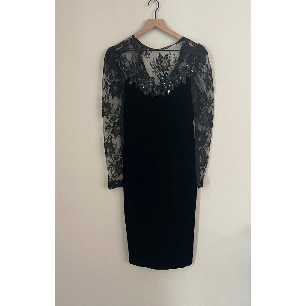 Vintage Scott McClintock Black Velvet Lace‎ Midi Dress Size 8 Holiday Party